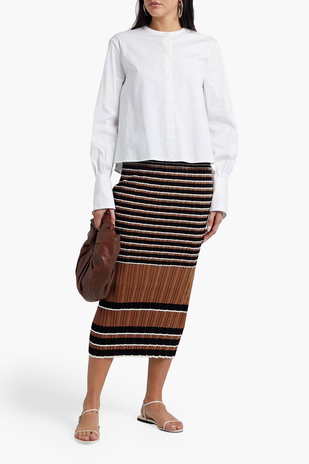 THEORY Striped ribbed cotton-blend midi skirt