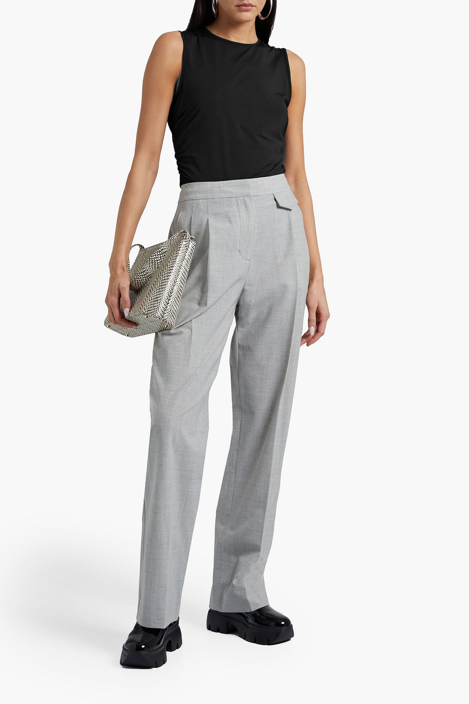 Theory Black Crewneck Top With Ruched Details On The Front In Black