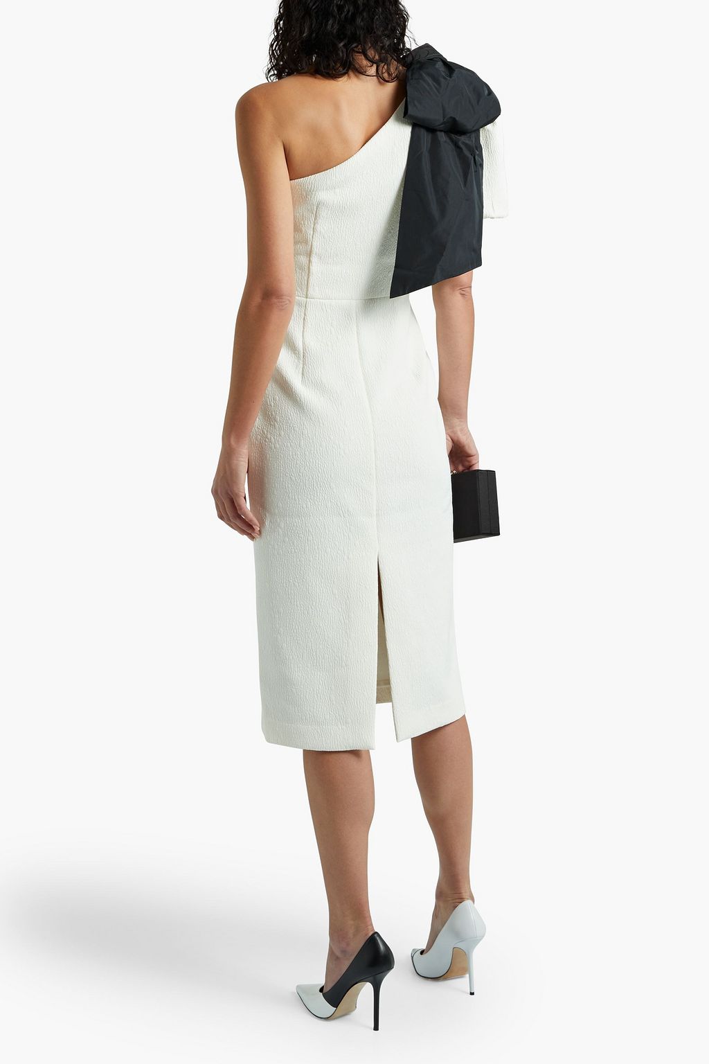 REBECCA VALLANCE One-shoulder bow-embellished cloqué dress