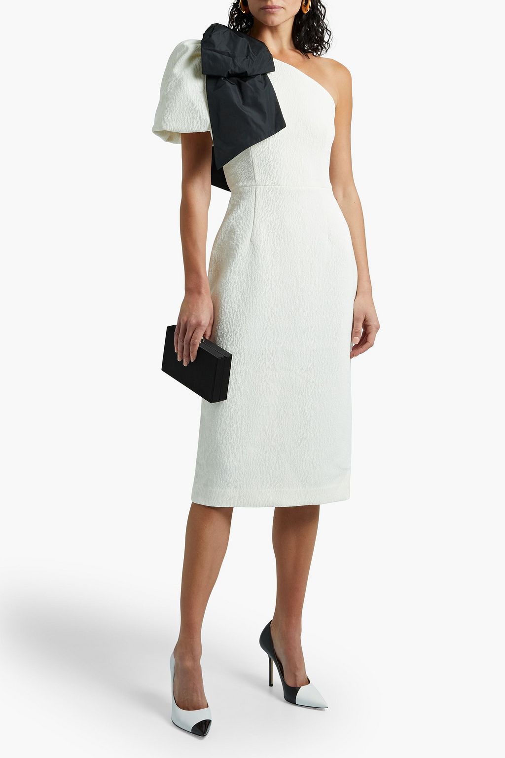 REBECCA VALLANCE One-shoulder bow-embellished cloqué dress