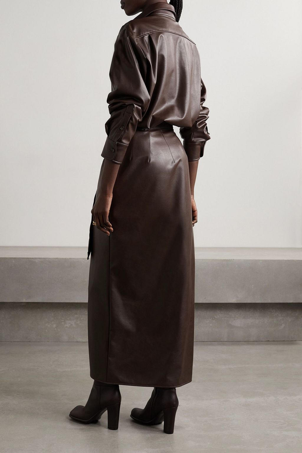 BRANDON MAXWELL Belted vegan stretch-leather midi shirt dress