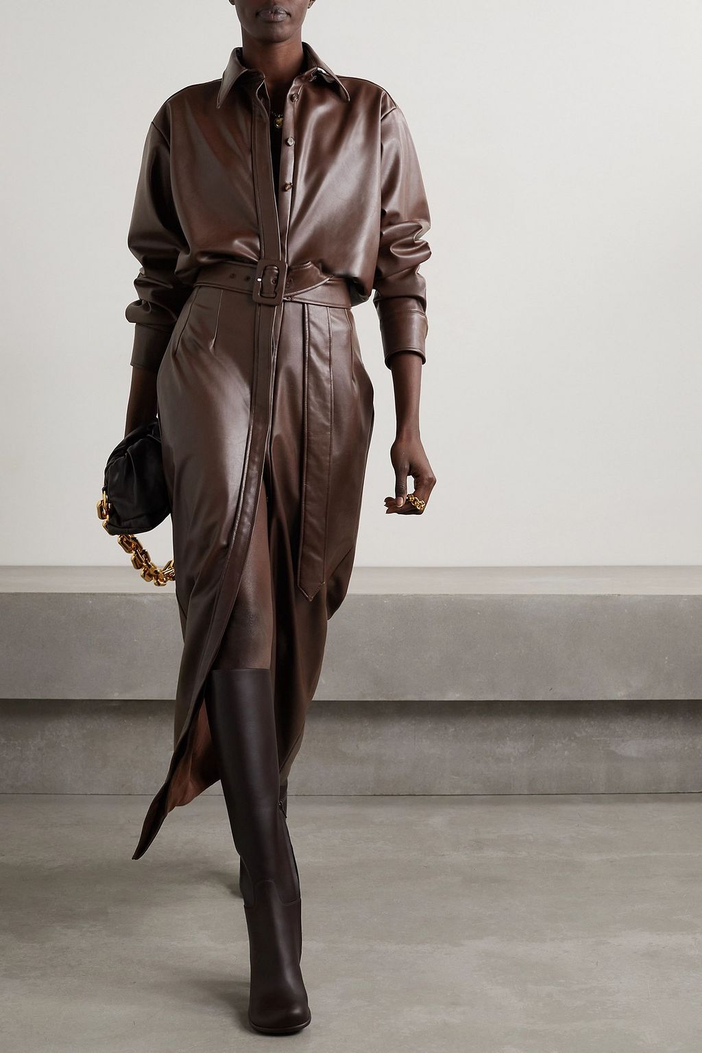 BRANDON MAXWELL Belted vegan stretch-leather midi shirt dress