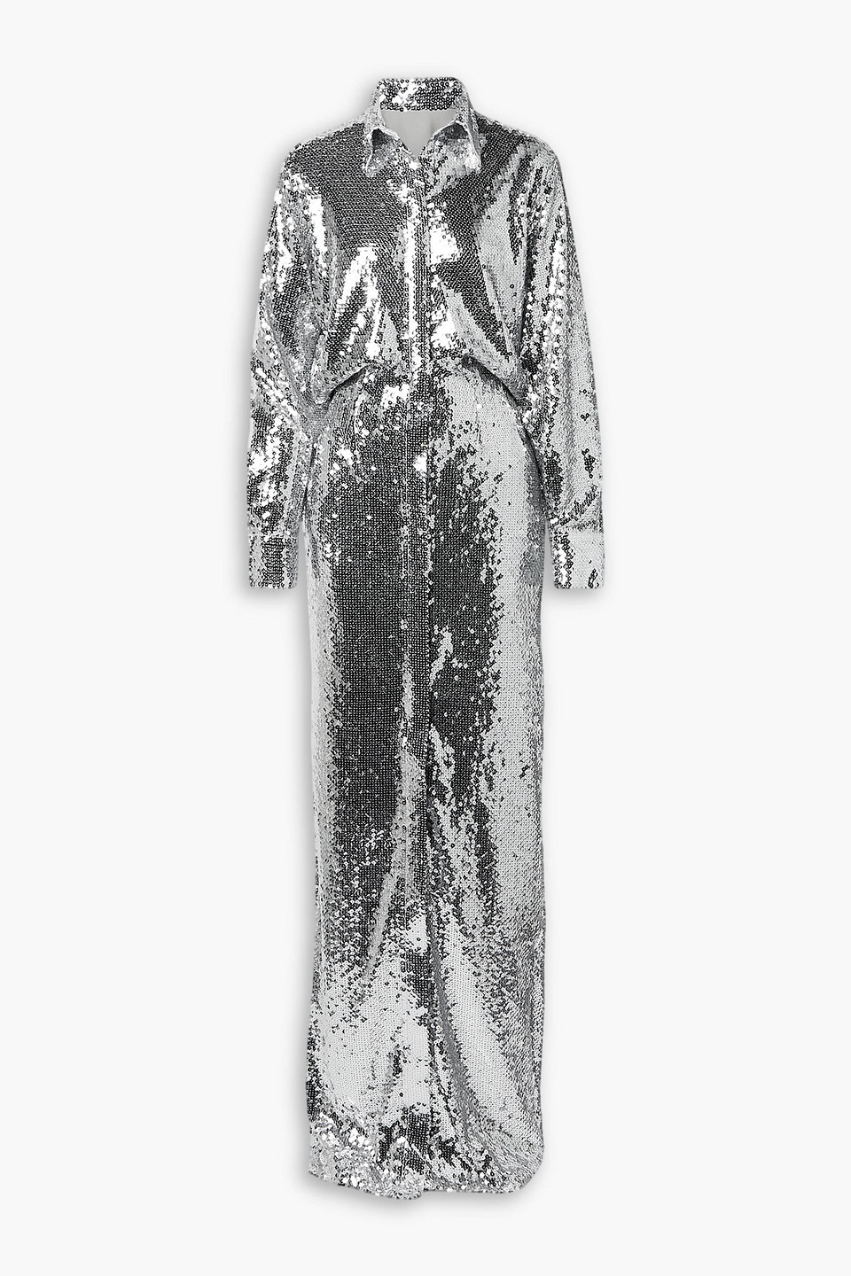 Brandon Maxwell Sequined Tulle Maxi Shirt Dress In Silver