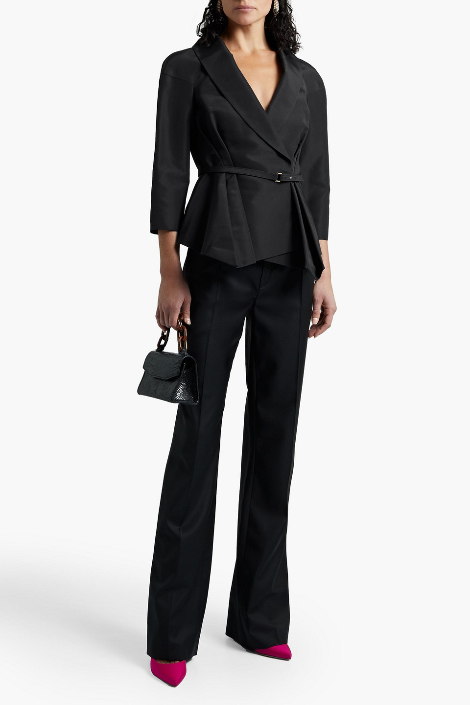 Carolina Herrera Doublebreasted Belted Pleated Shell Blazer In Black