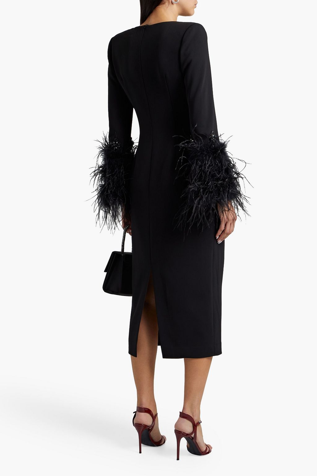 BADGLEY MISCHKA Feather-trimmed crepe midi dress