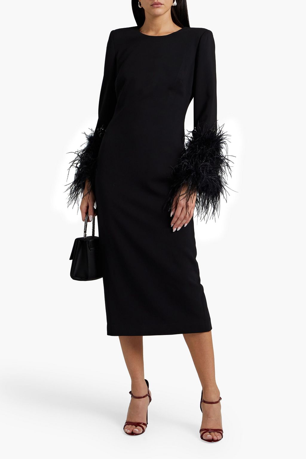 BADGLEY MISCHKA Feather-trimmed crepe midi dress