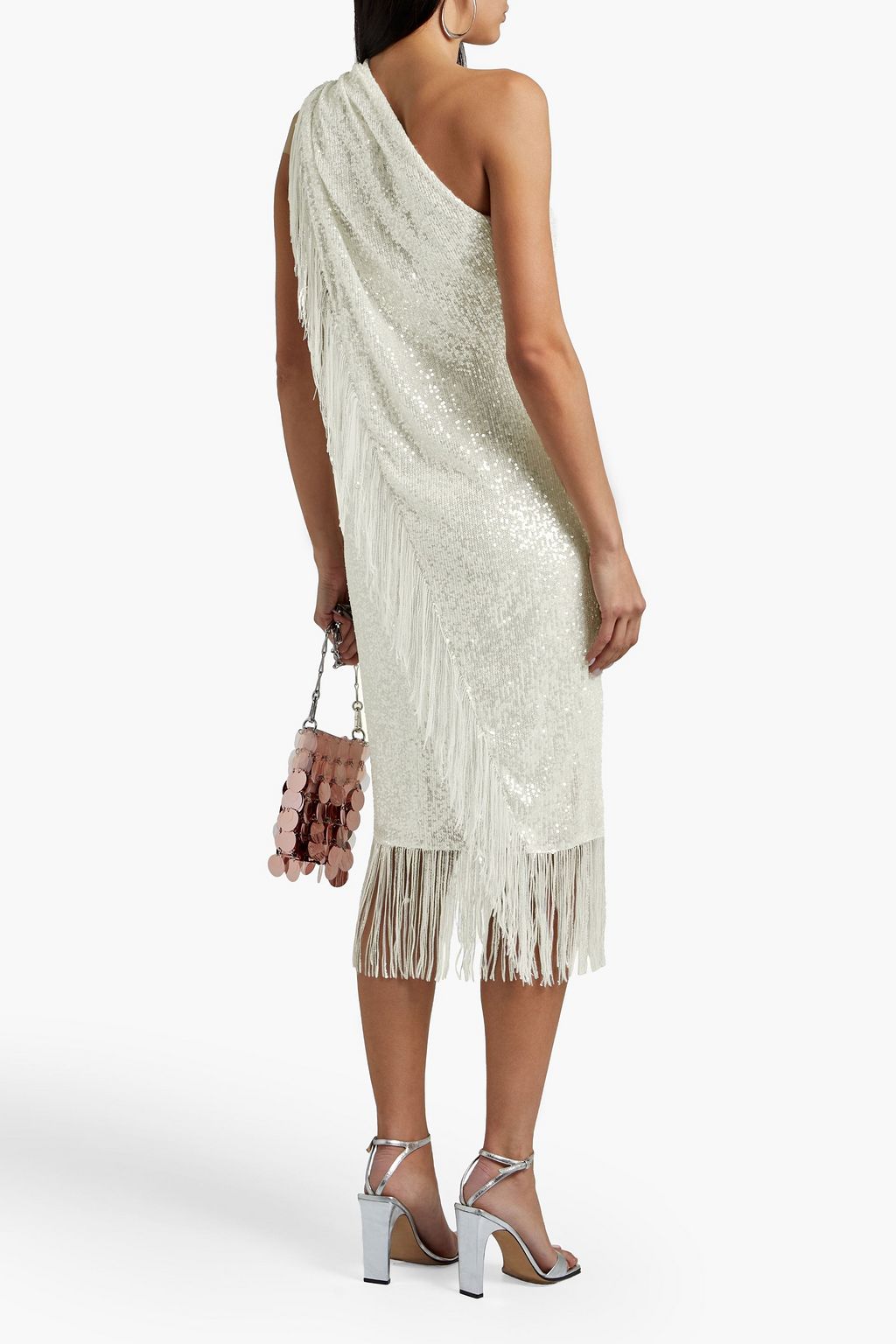 BADGLEY MISCHKA One-shoulder fringed sequined jersey midi dress