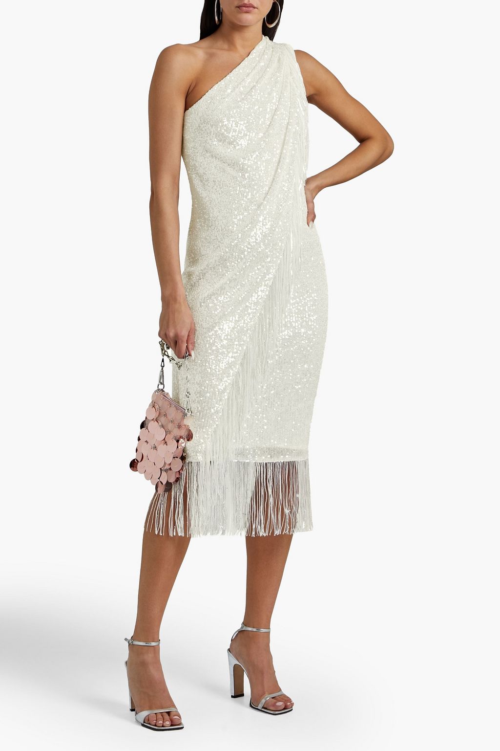 BADGLEY MISCHKA One-shoulder fringed sequined jersey midi dress