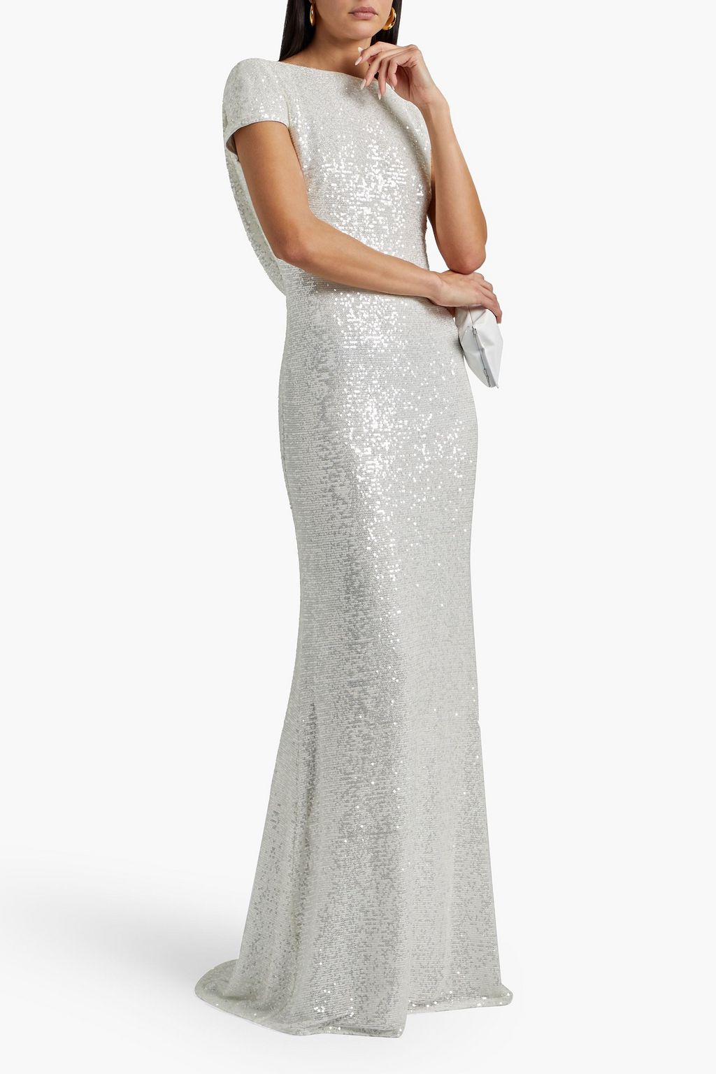 BADGLEY MISCHKA オープンバック ドレープ入り スパンコール付き ジャージー ロングドレス