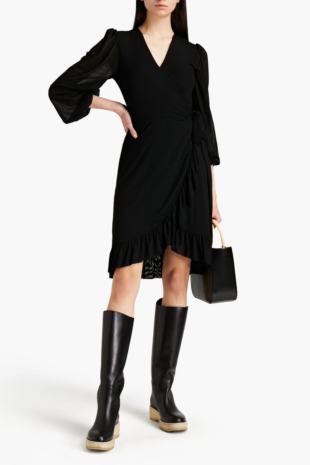 GANNI Gathered Swiss-dot wrap dress