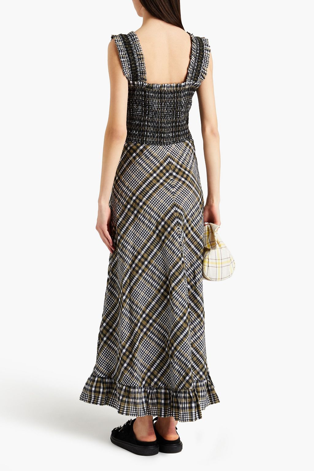 GANNI Shirred checked cotton-blend seersucker maxi dress