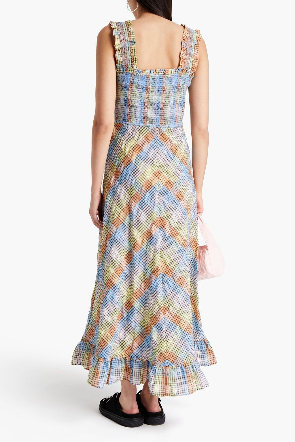 GANNI Shirred checked cotton-blend seersucker maxi dress