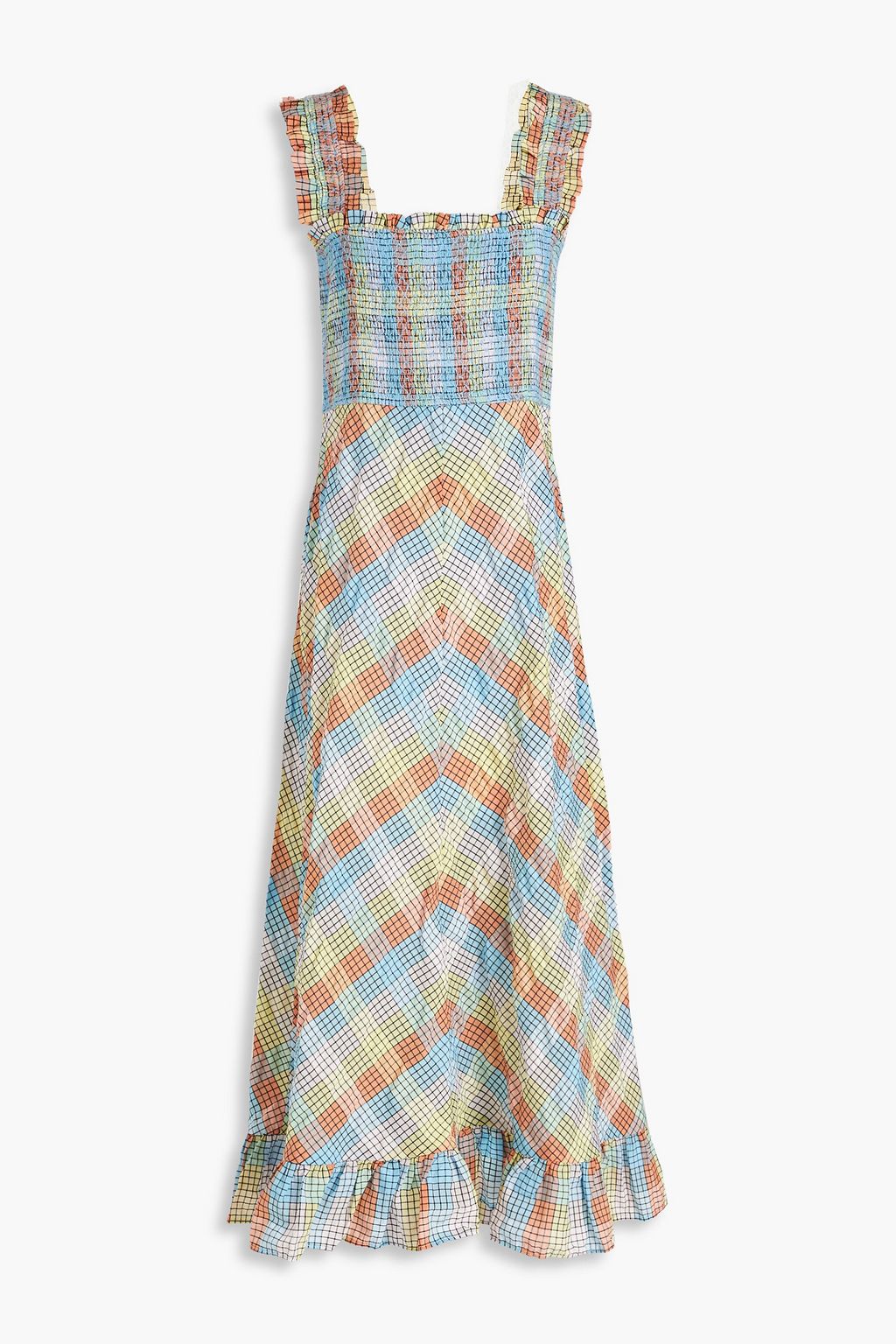 GANNI Shirred checked cotton-blend seersucker maxi dress | THE OUTNET