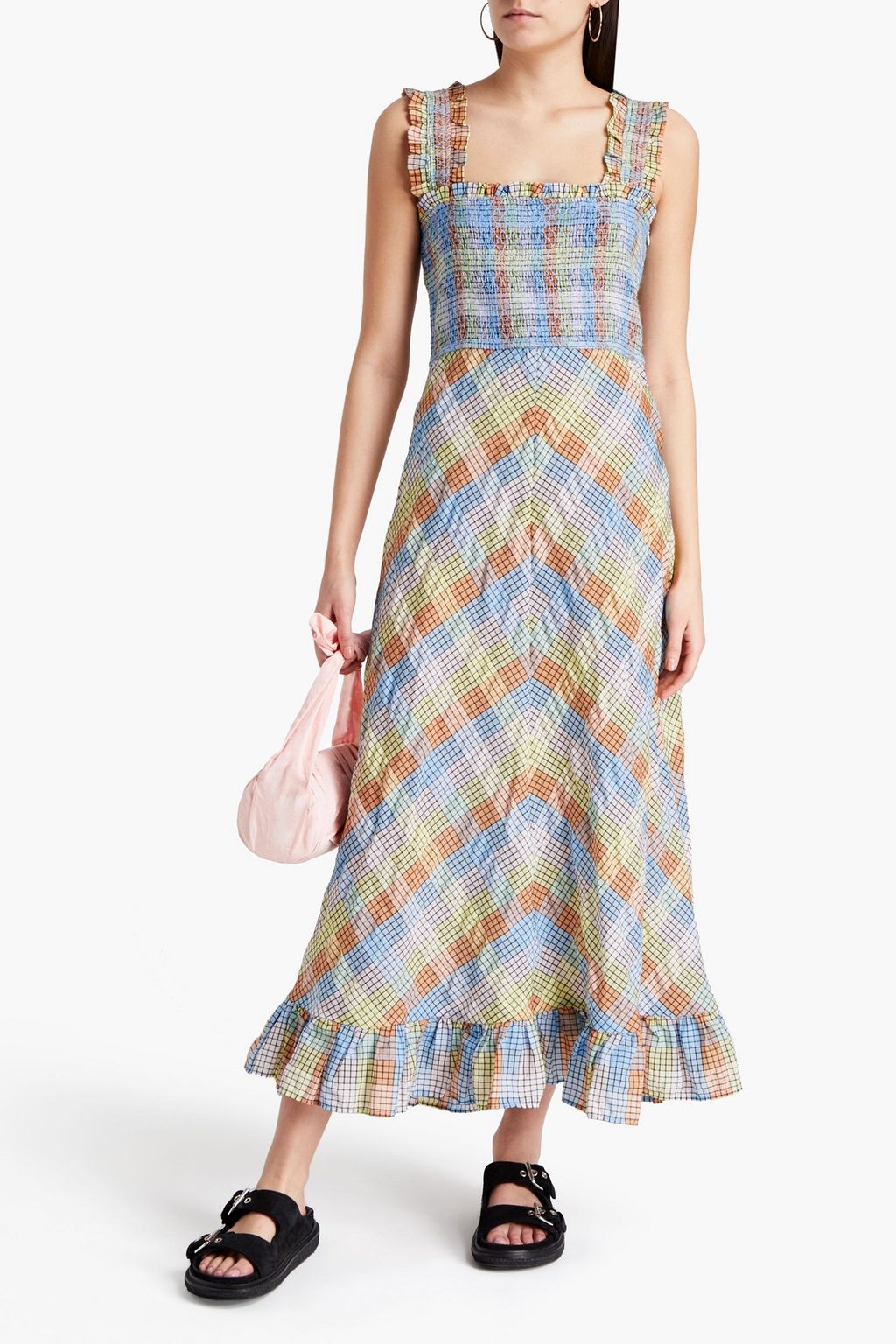 GANNI Shirred checked cotton-blend seersucker maxi dress