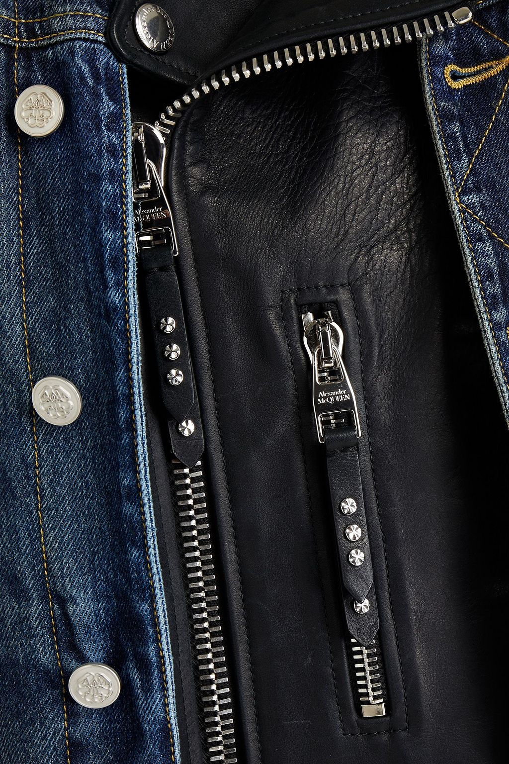 MCQUEEN Leather-paneled denim jacket