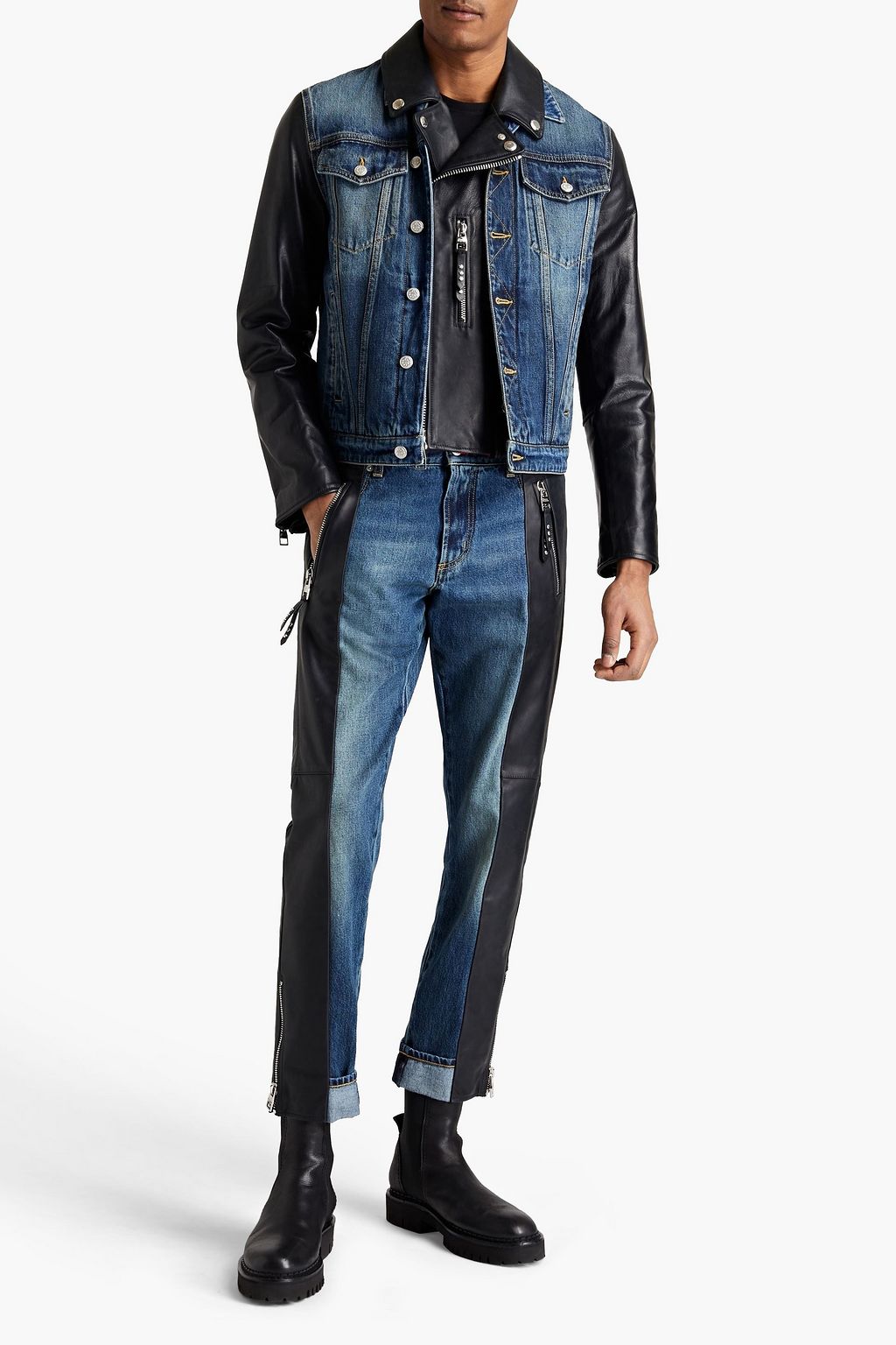 MCQUEEN Leather-paneled denim jacket