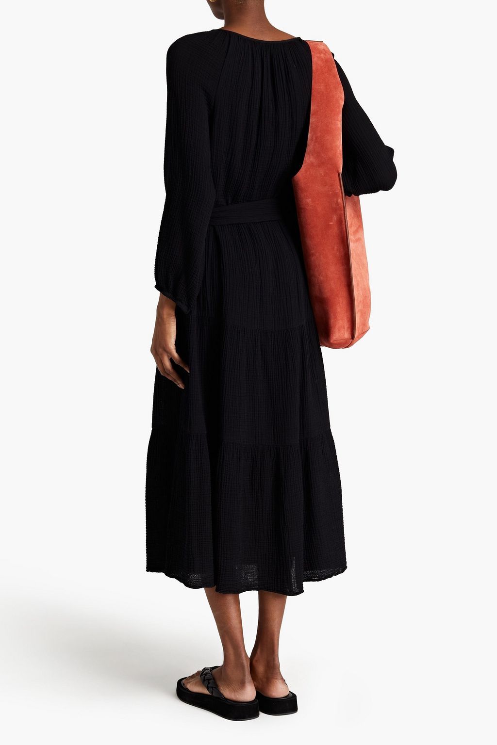 VELVET BY GRAHAM & SPENCER Belted gathered cotton-cloqué midi dress