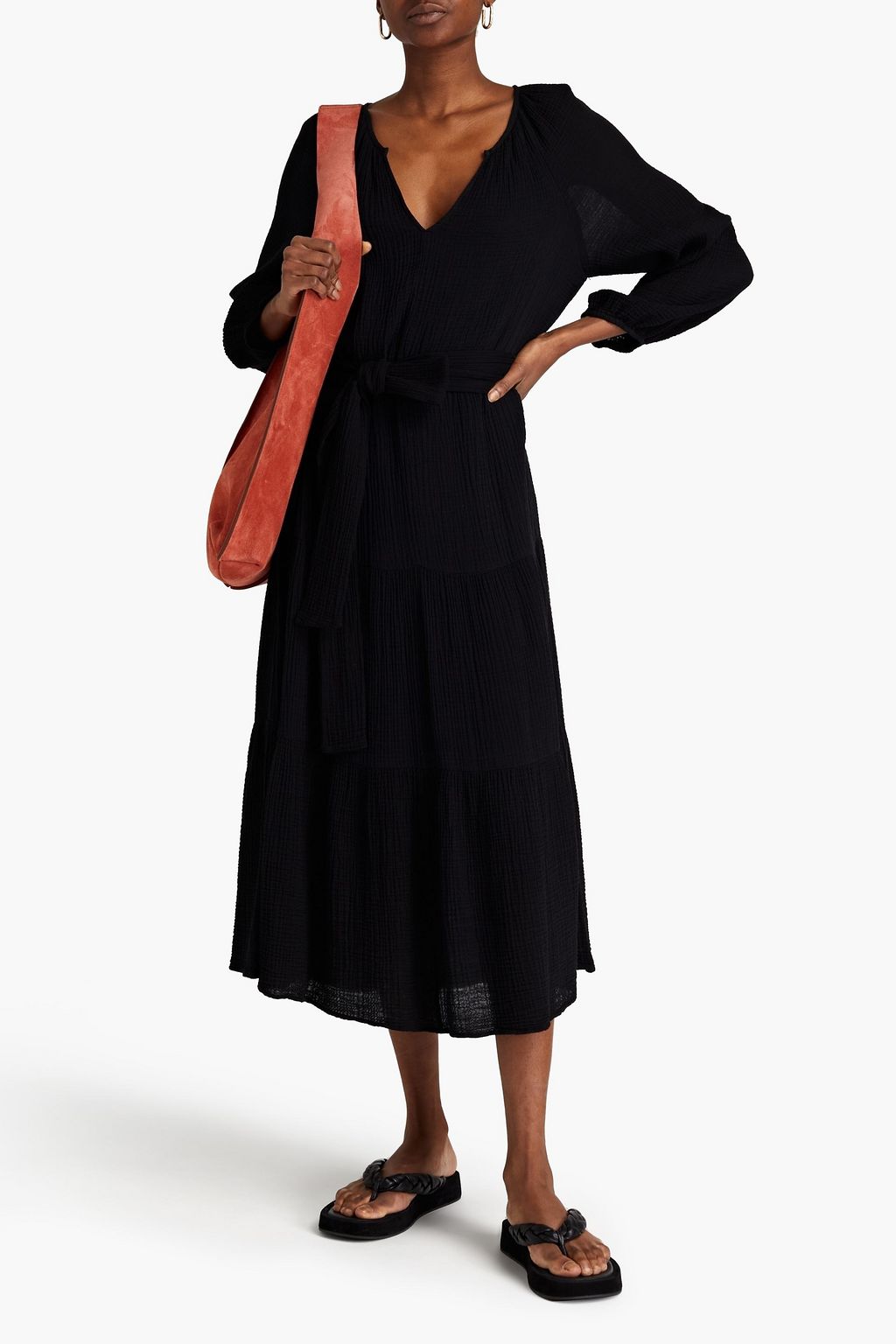 VELVET BY GRAHAM & SPENCER Belted gathered cotton-cloqué midi dress