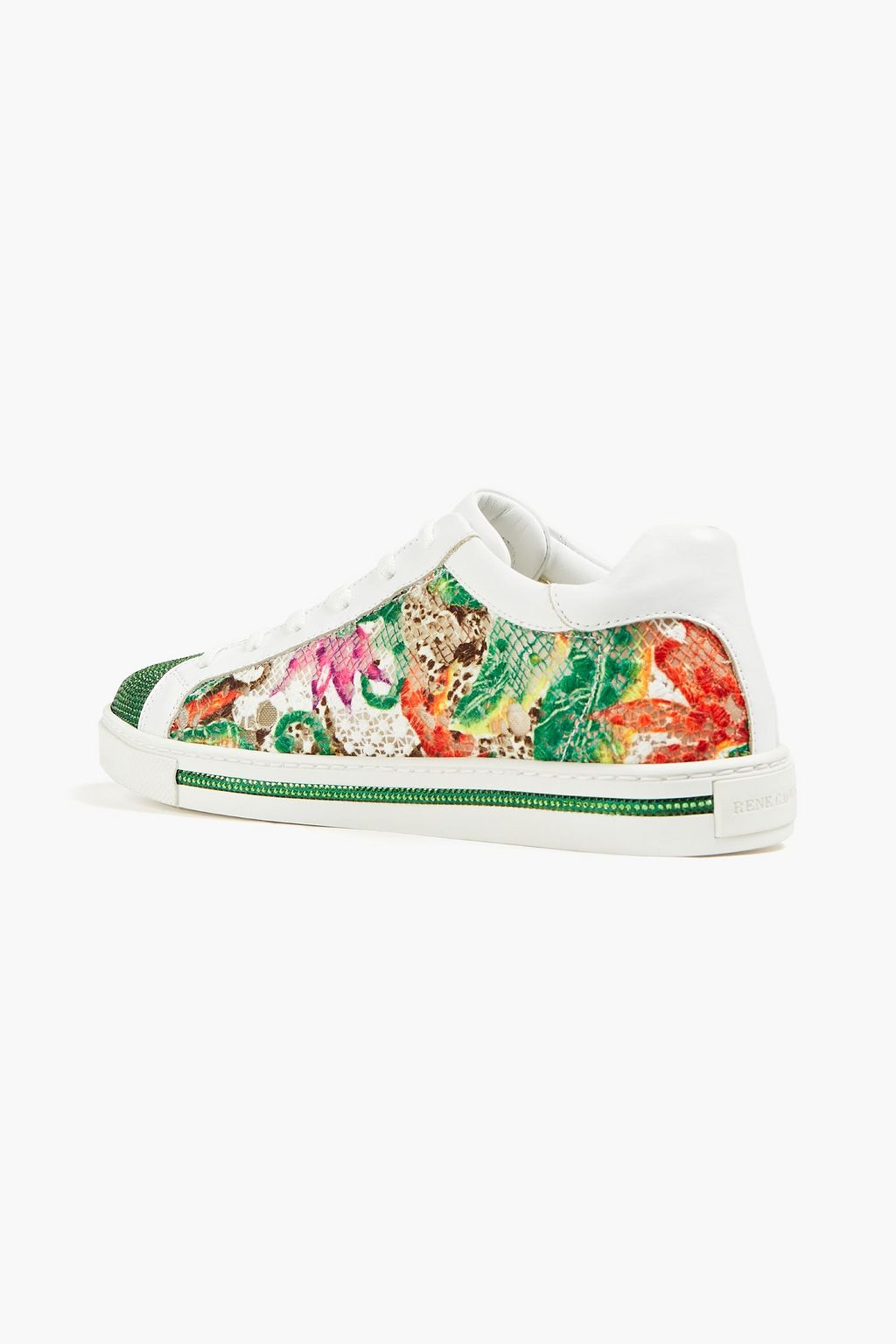 RENE' CAOVILLA Embellished leather and printed lace sneakers