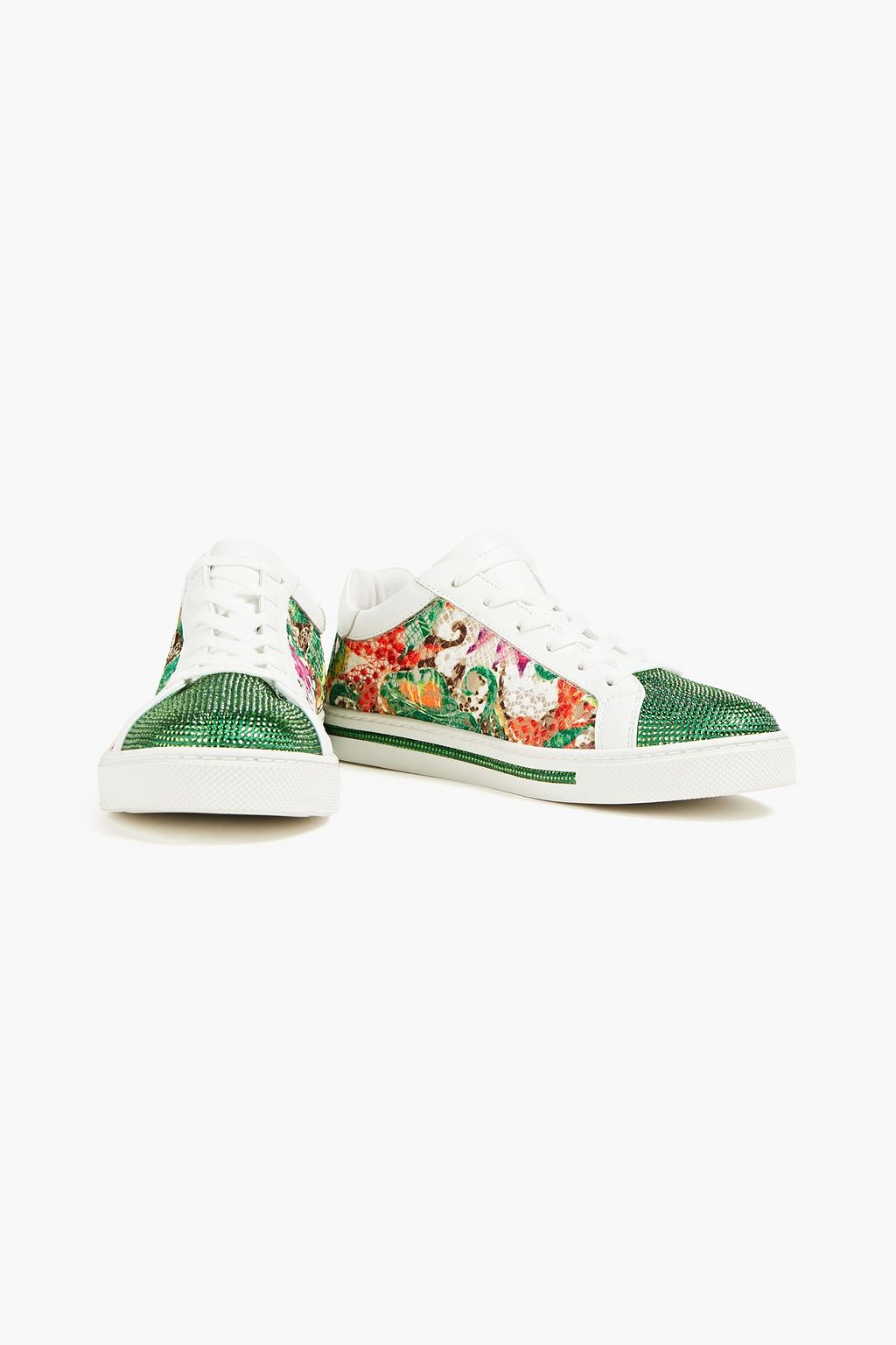 RENE' CAOVILLA Embellished leather and printed lace sneakers