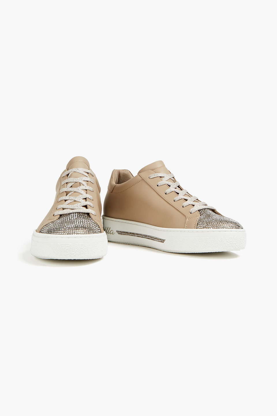 René Caovilla Crystal-embellished Leather Trainers In Brown