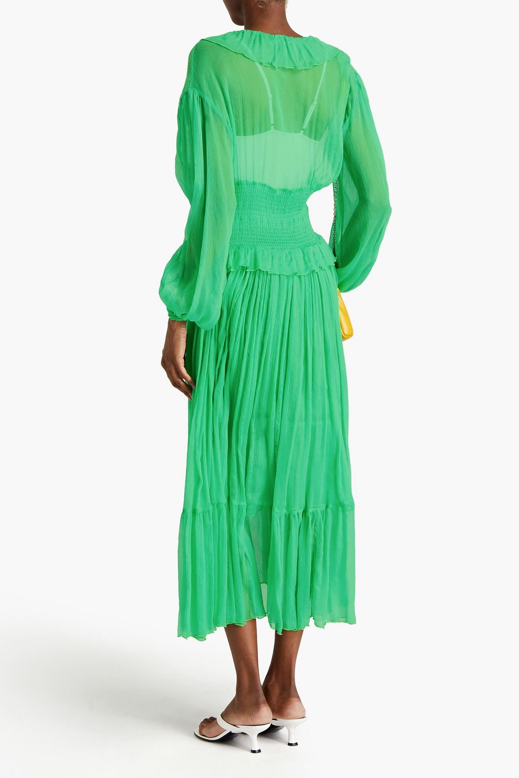 MSGM Ruffle-trimmed shirred silk-crepon midi dress