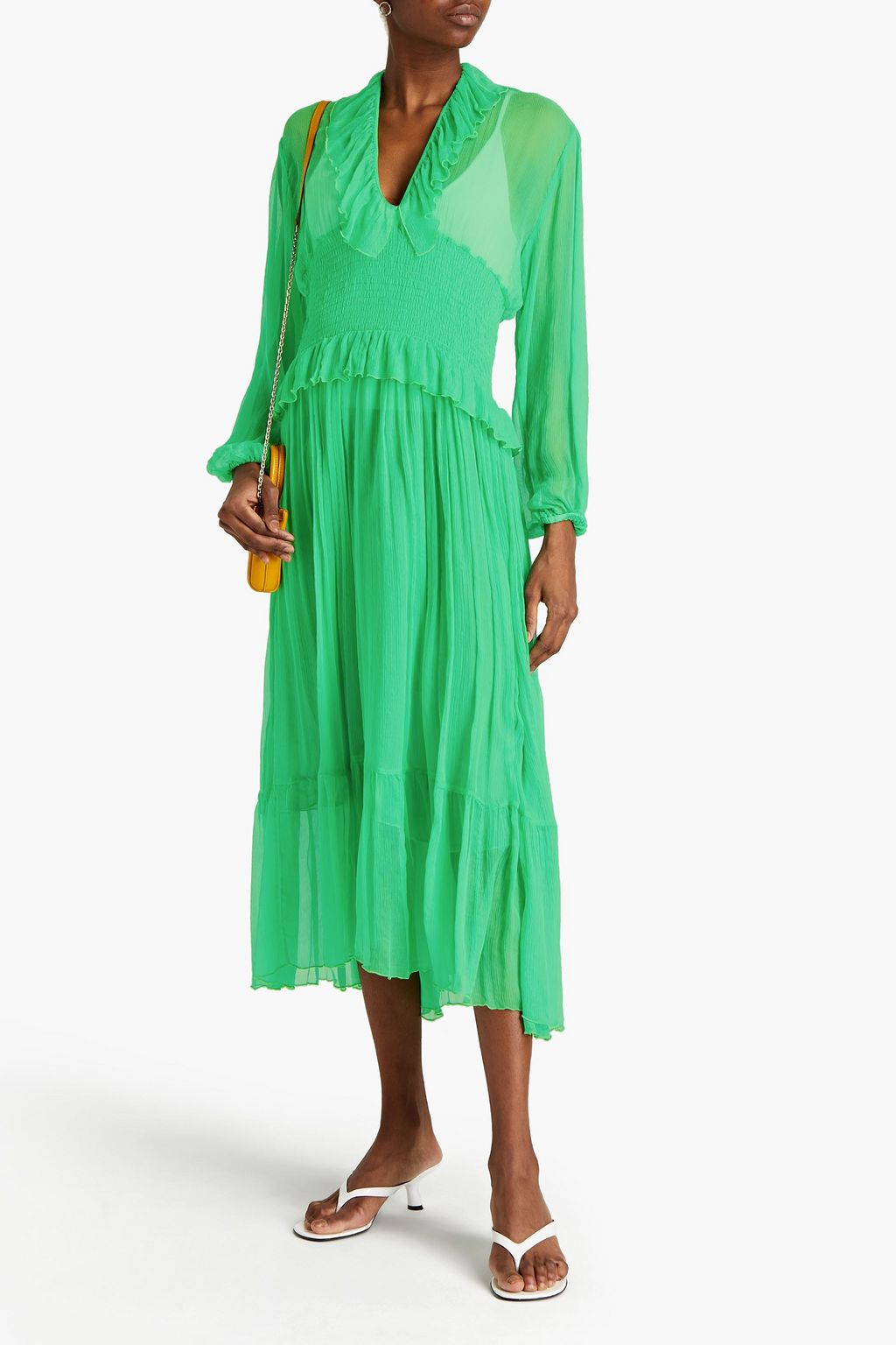 MSGM Ruffle-trimmed shirred silk-crepon midi dress