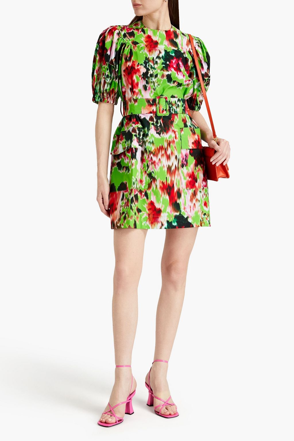 MSGM Belted printed cotton-poplin mini dress
