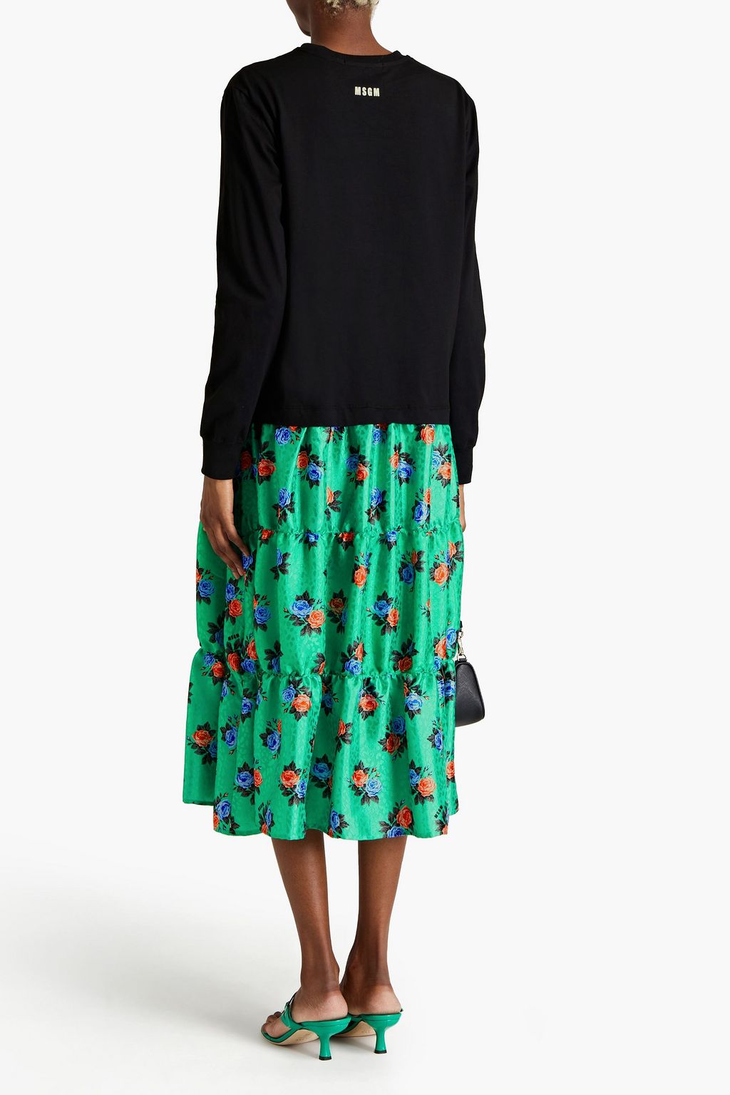 MSGM Paneled floral-print satin-jacquard and cotton-jersey midi dress