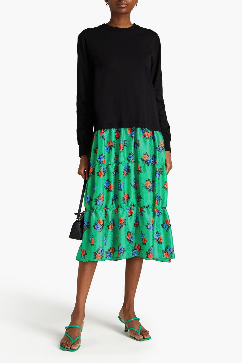 MSGM Paneled floral-print satin-jacquard and cotton-jersey midi dress