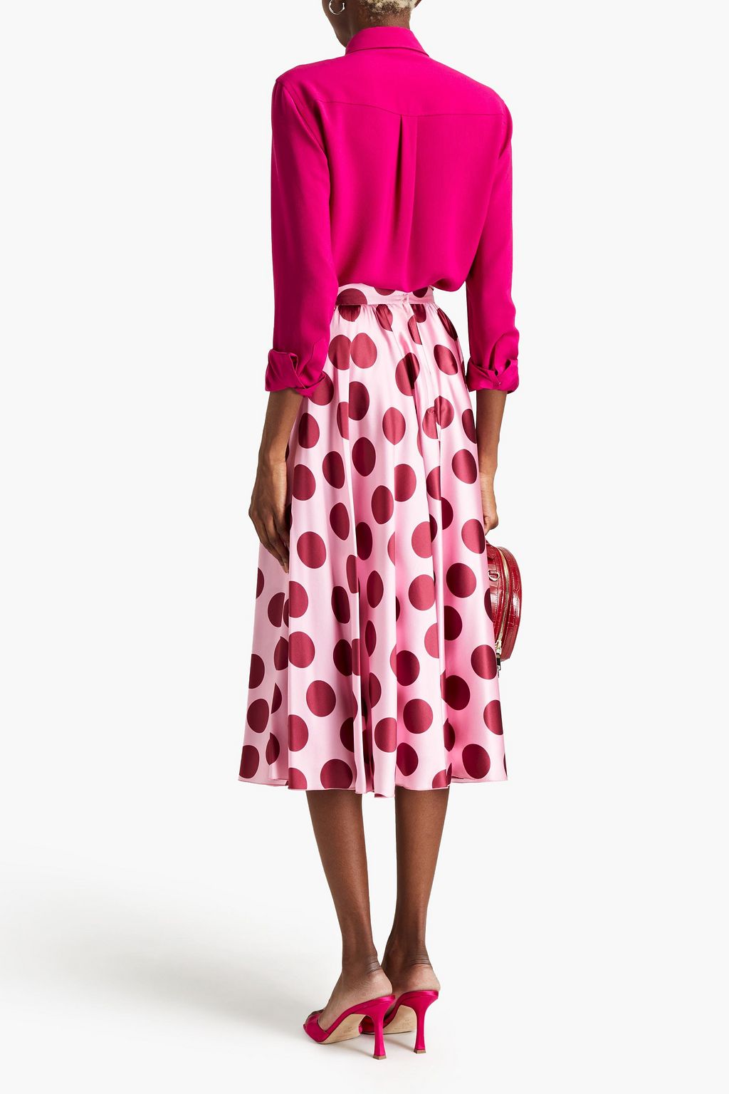 DOLCE&GABBANA Gathered polka-dot silk-blend satin midi skirt