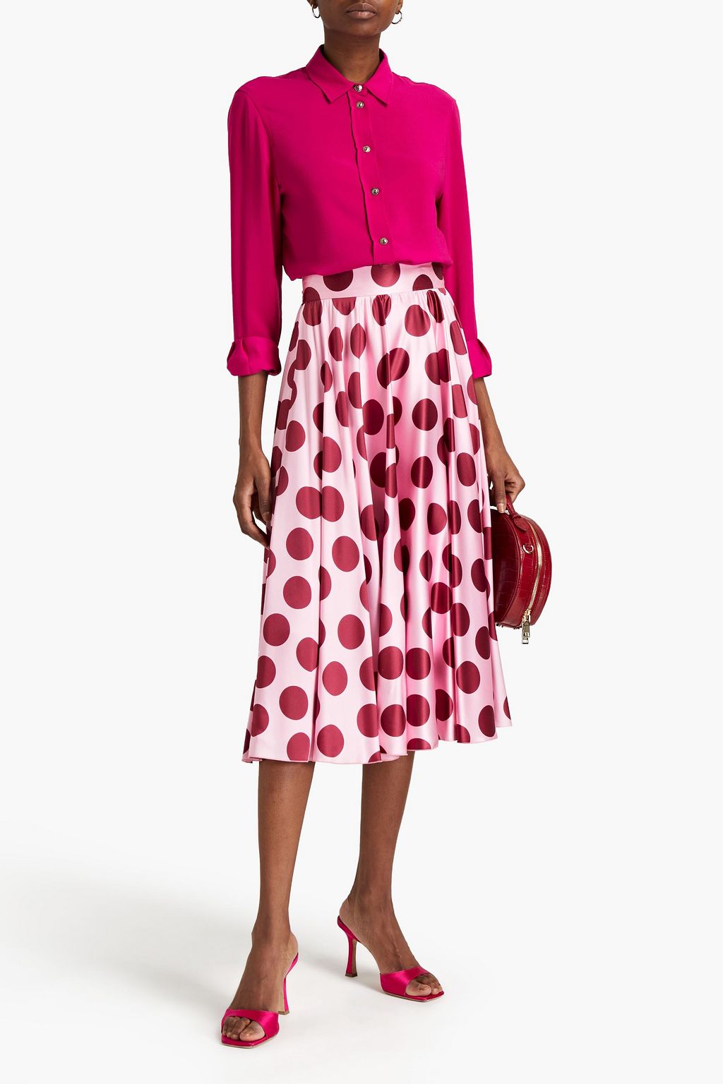 DOLCE&GABBANA Gathered polka-dot silk-blend satin midi skirt