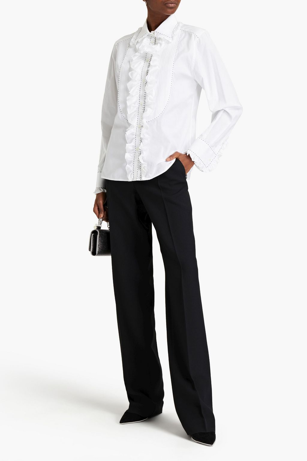 DOLCE&GABBANA Ruffle-trimmed topstitched cotton-poplin shirt