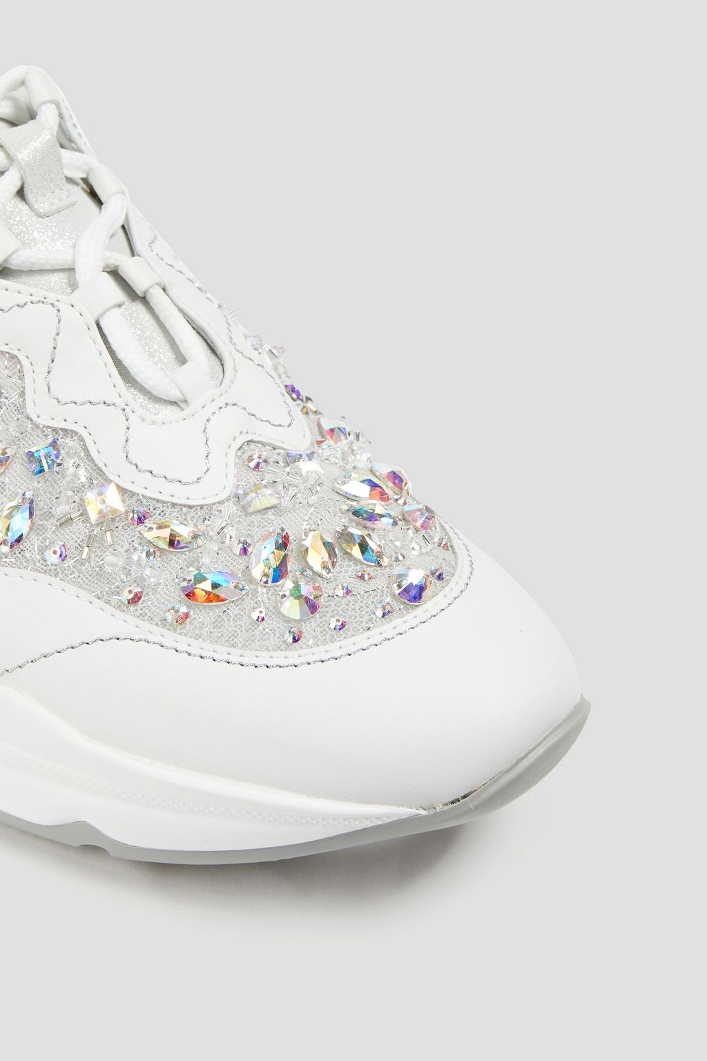 RENE' CAOVILLA Crystal-embellished lace and leather sneakers