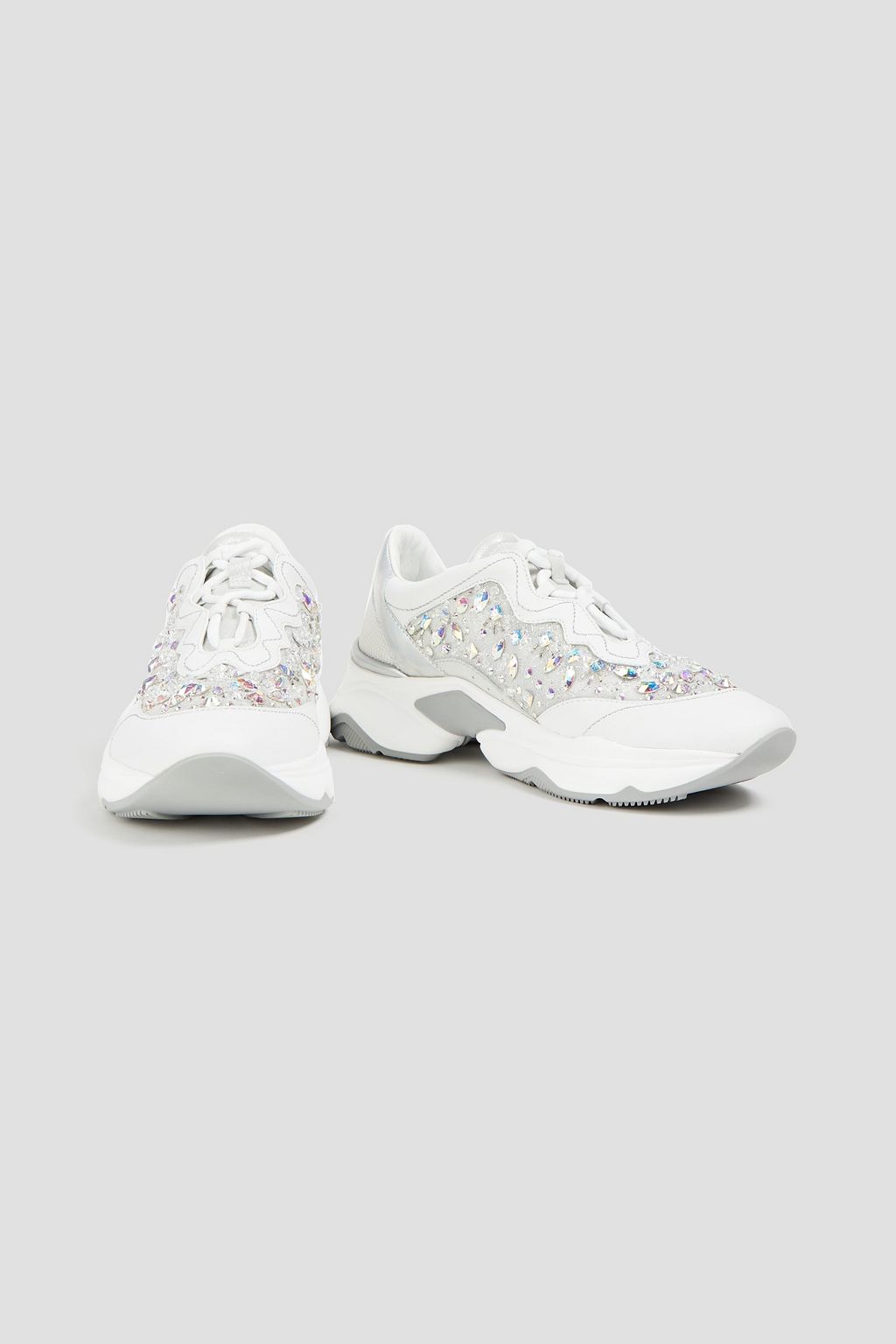RENE' CAOVILLA Crystal-embellished lace and leather sneakers