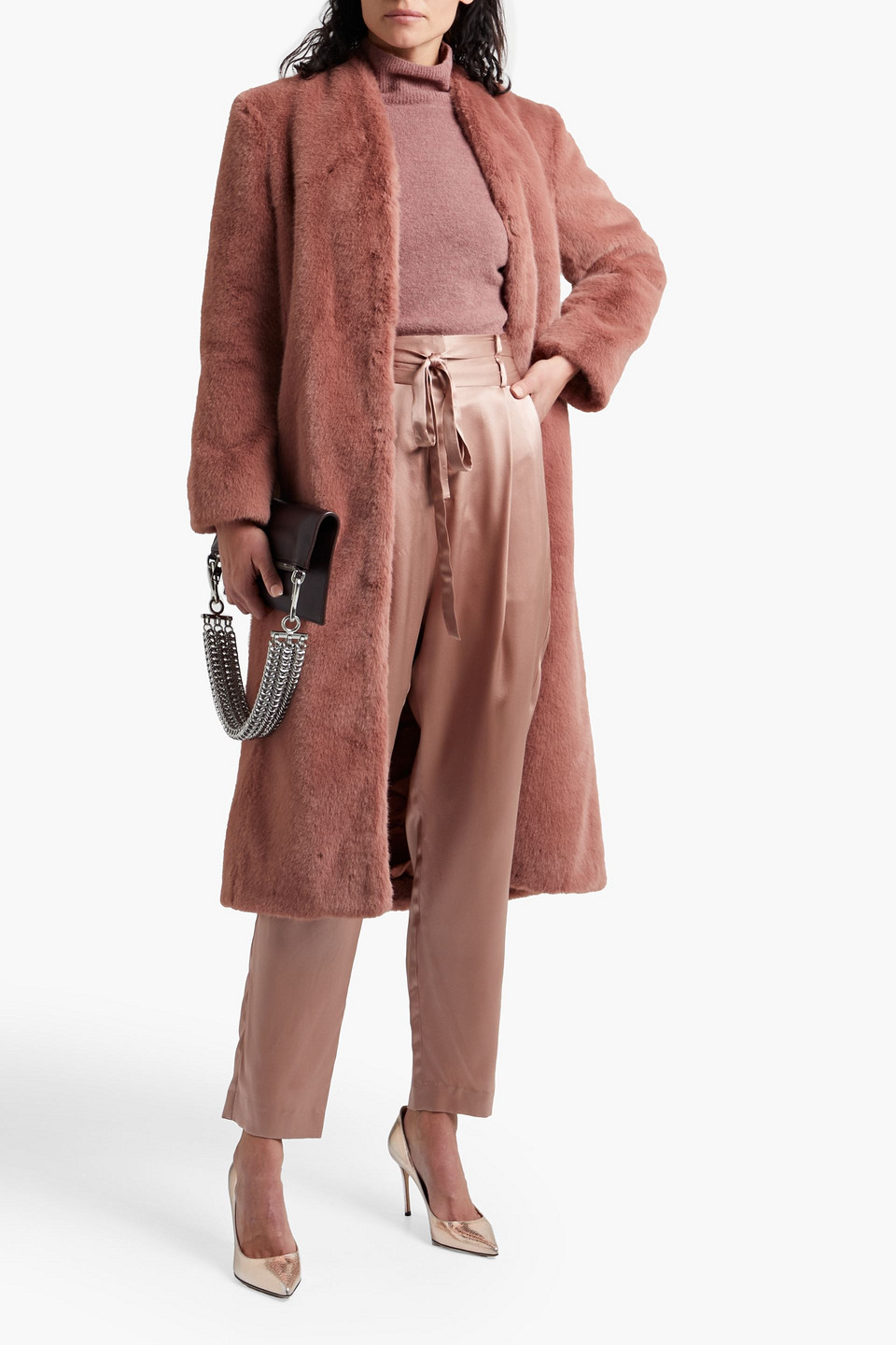 Michelle Mason Faux Fur Coat In Antique Rose