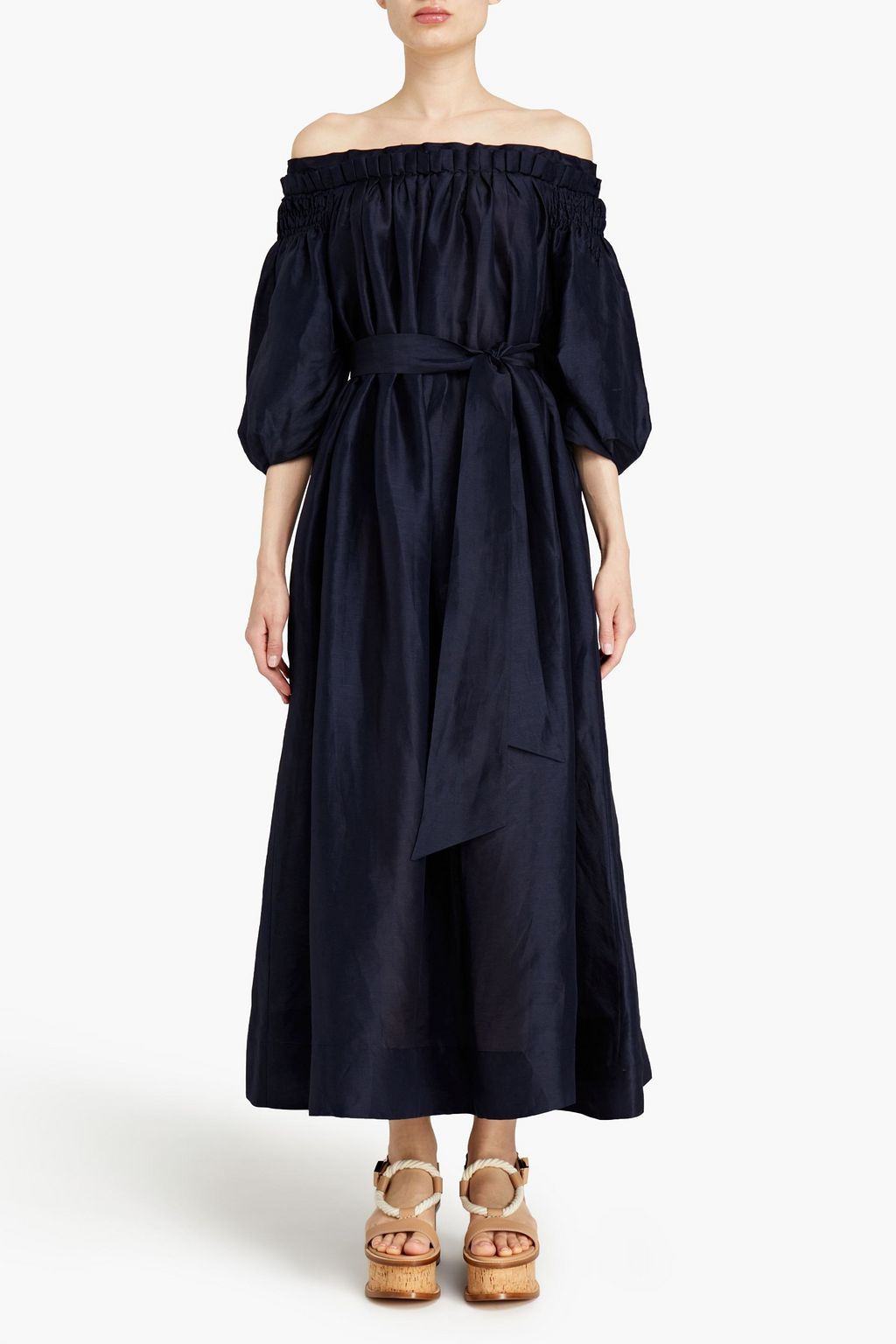 GABRIELA HEARST Off-the-shoulder linen and silk-blend shantung midi dress