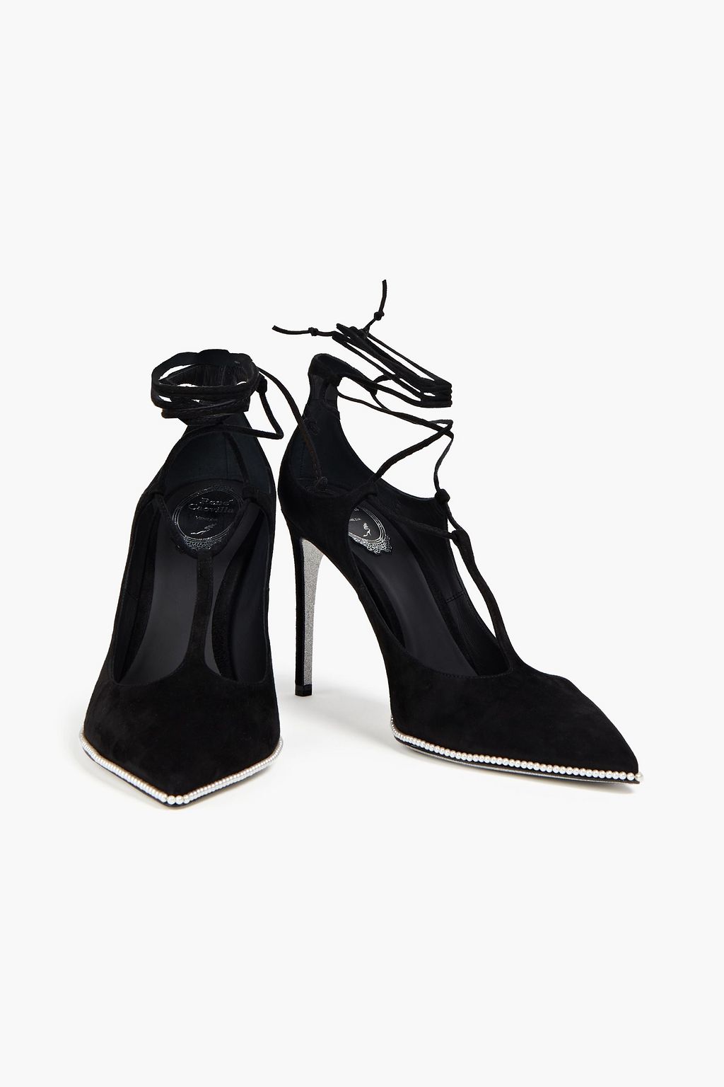 RENE' CAOVILLA Faux pearl-embellished suede pumps