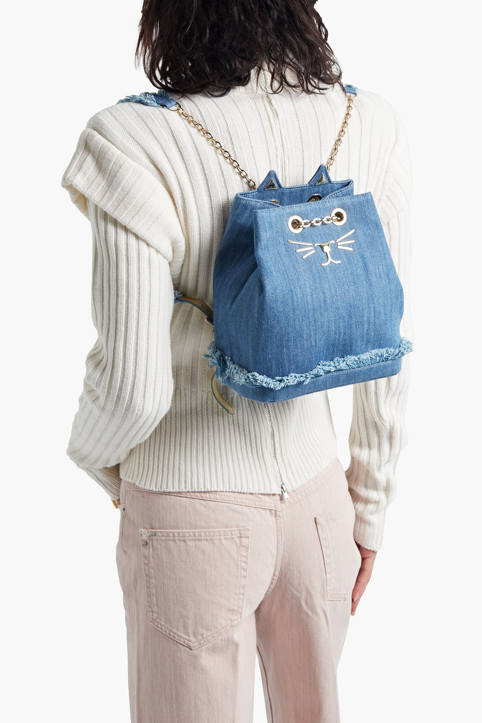 Charlotte Olympia Feline Embellished Frayed Denim Backpack In Mid Denim ModeSens