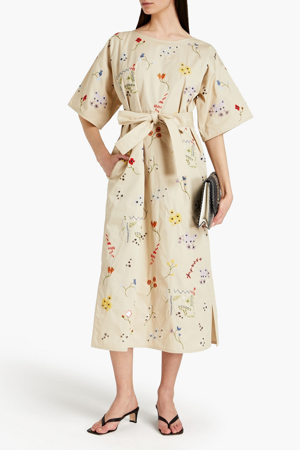 Tory Burch Belted Embellished Cotton-twill Midi Dress In Multi