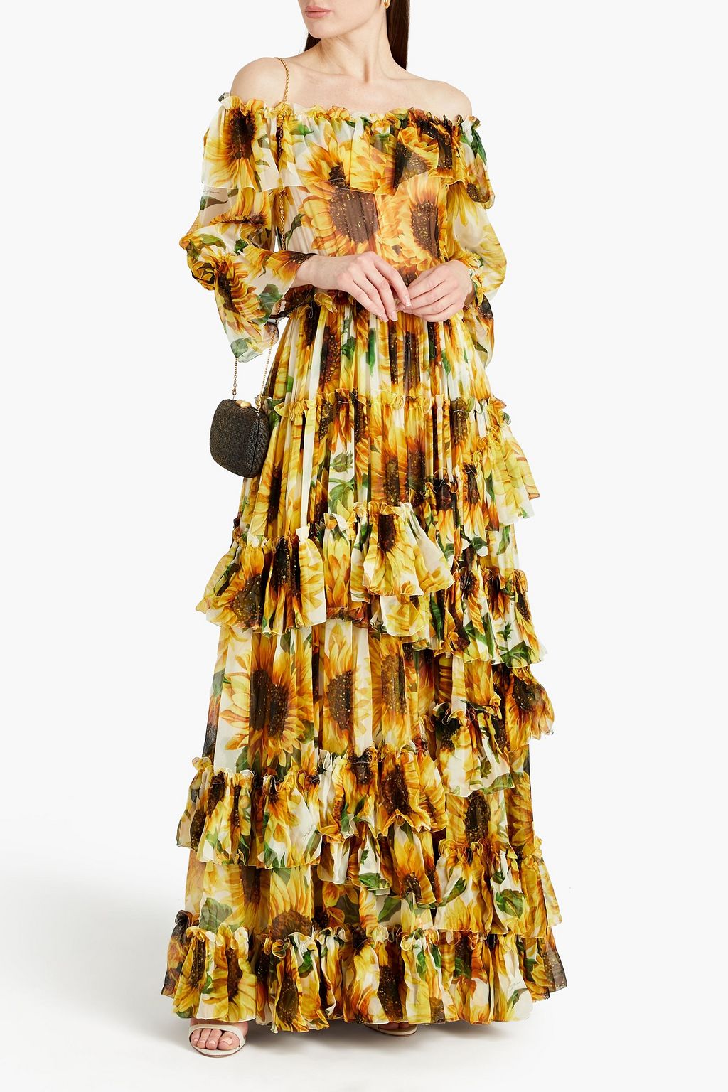 DOLCE&GABBANA Off-the-shoulder tiered floral-print silk-chiffon gown