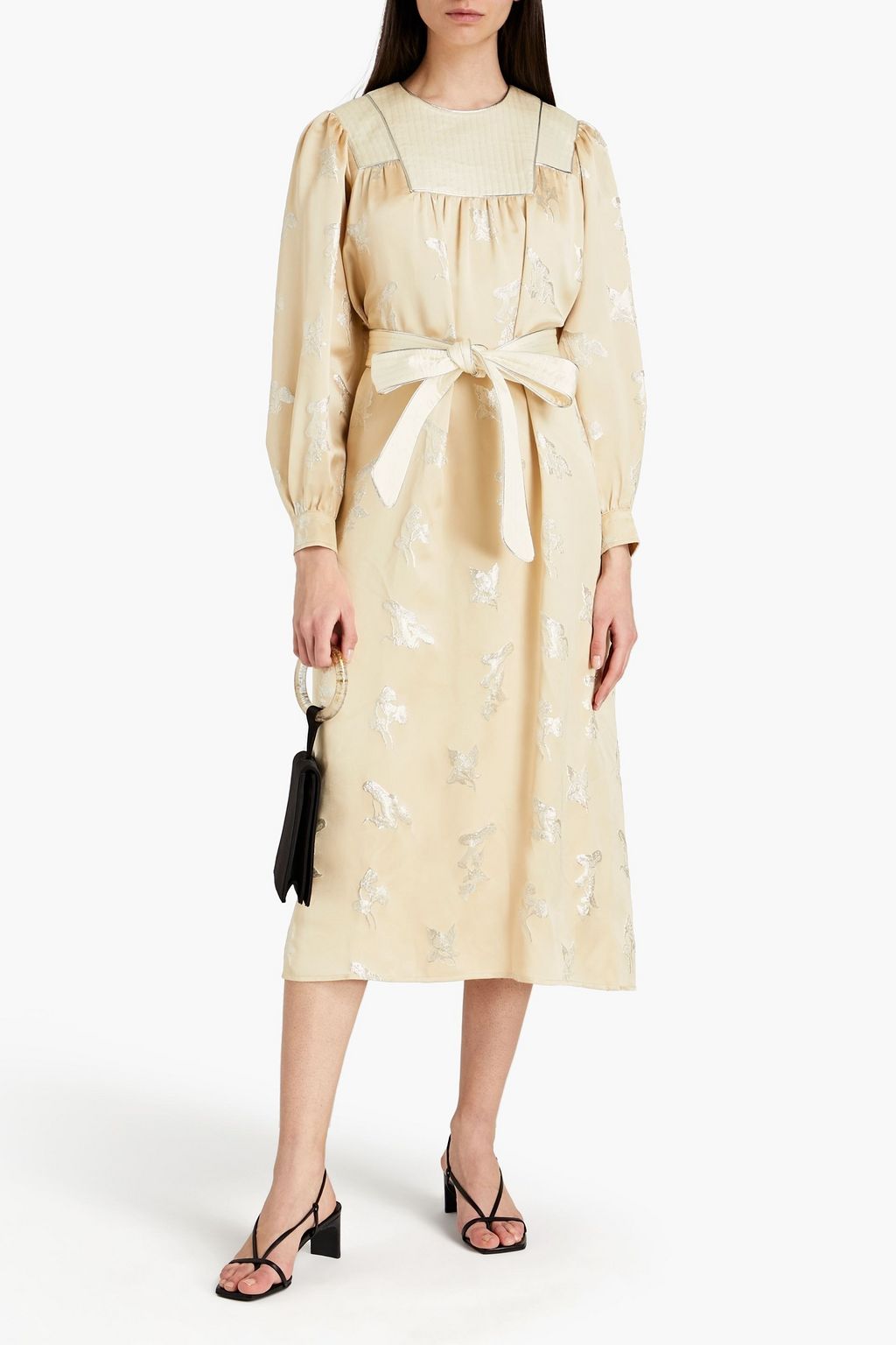 TORY BURCH Belted metallic silk-blend jacquard midi dress