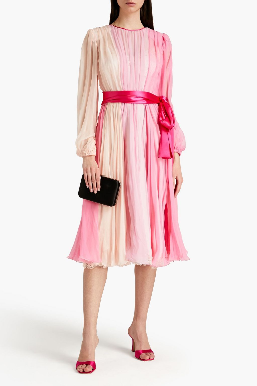 DOLCE&GABBANA Belted pleated dégradé silk-chiffon midi dress