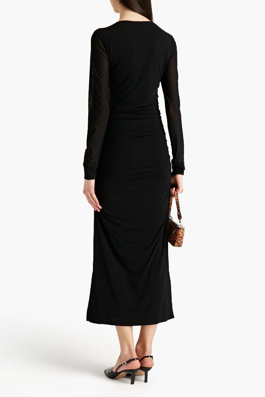 GANNI Ruched flocked mesh midi dress