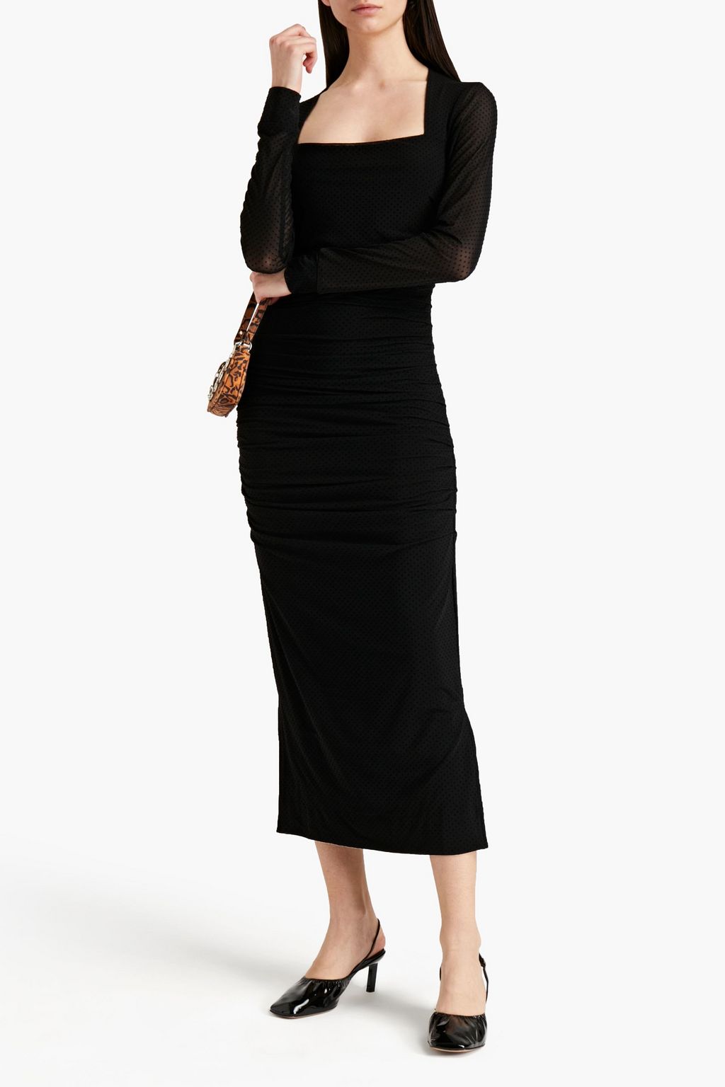 GANNI Ruched flocked mesh midi dress