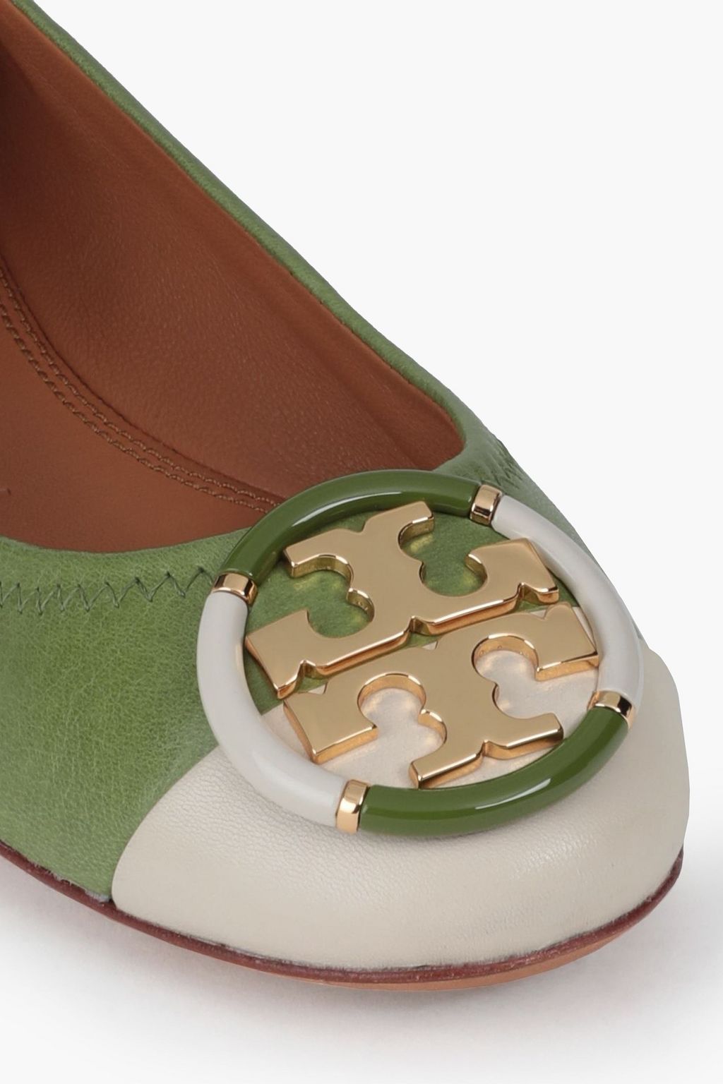 TORY BURCH Embellished two-tone textured-leather ballet flats