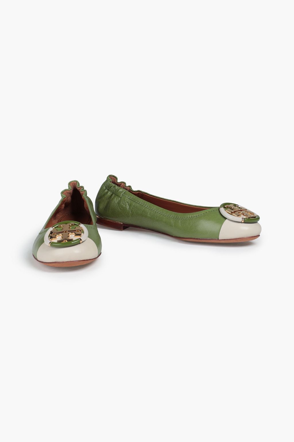 TORY BURCH Embellished two-tone textured-leather ballet flats