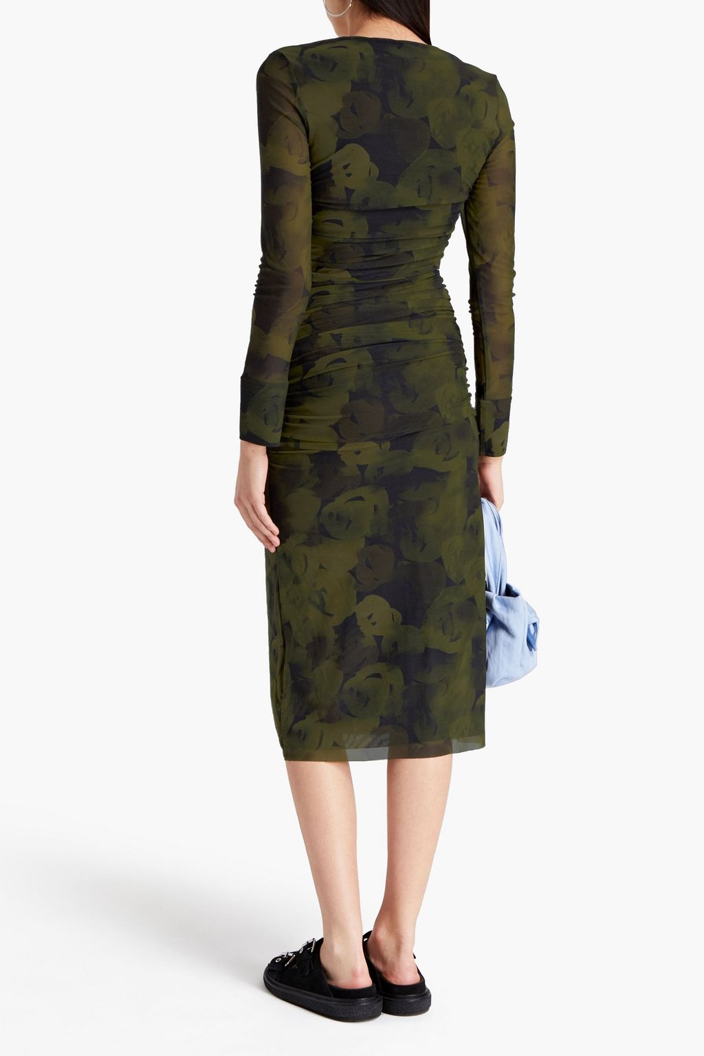 GANNI Ruched leopard-print mesh midi dress