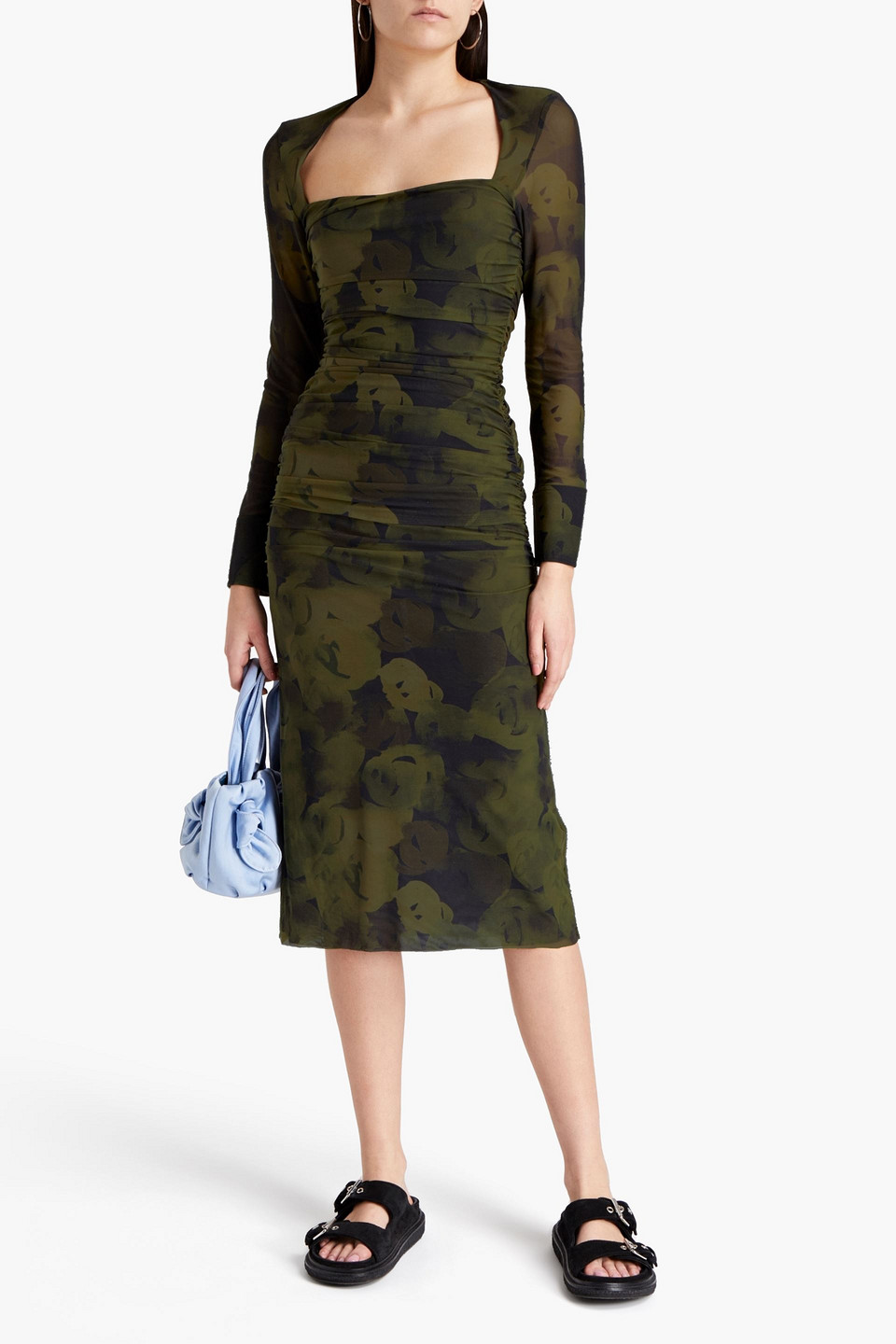 Ganni Ruched Printed Mesh Midi Dress In Army Green | ModeSens Ganni Ruched Printed Mesh Midi Dress In Army Green | ModeSens