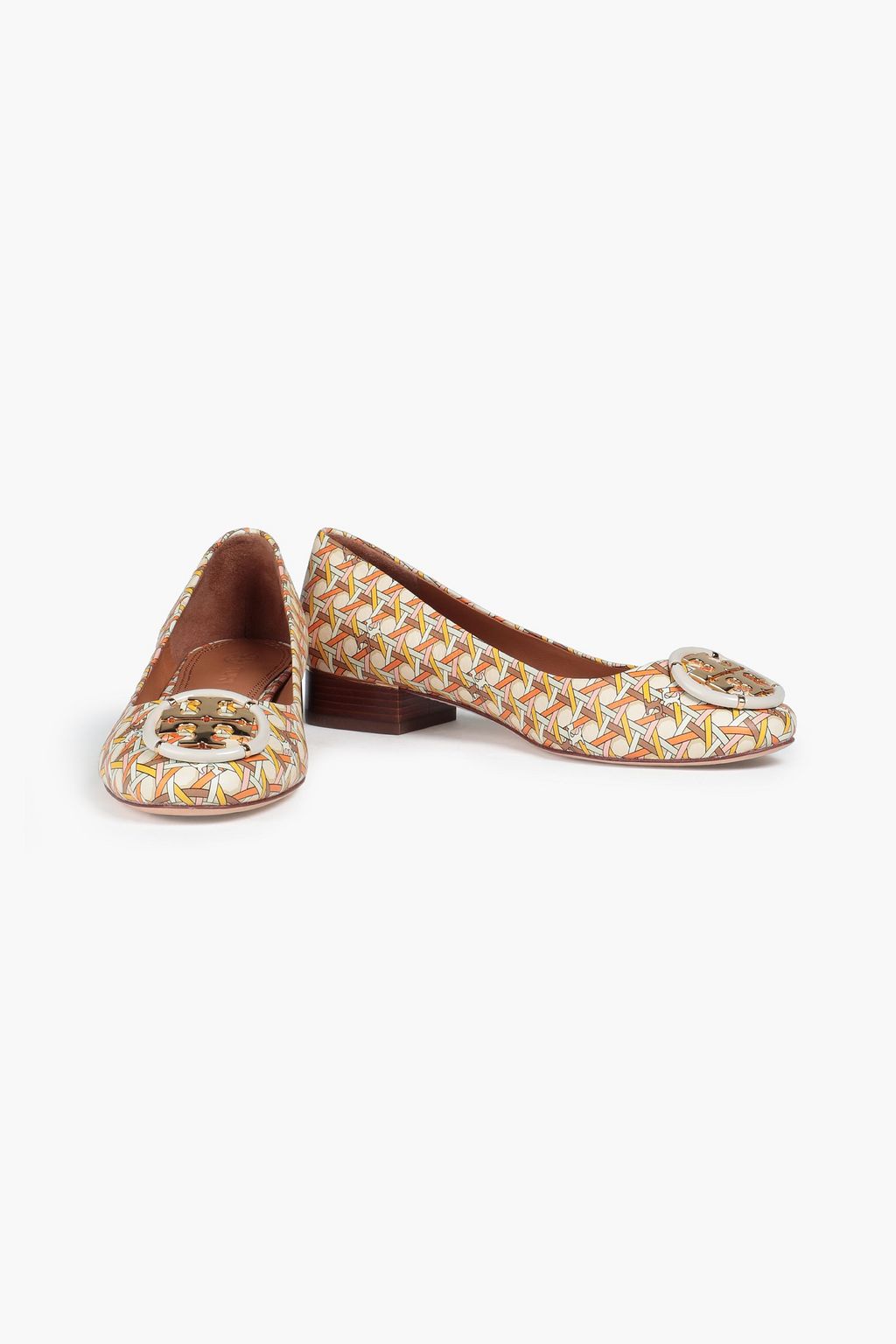 TORY BURCH Minnie embellished logo-print leather ballet flats